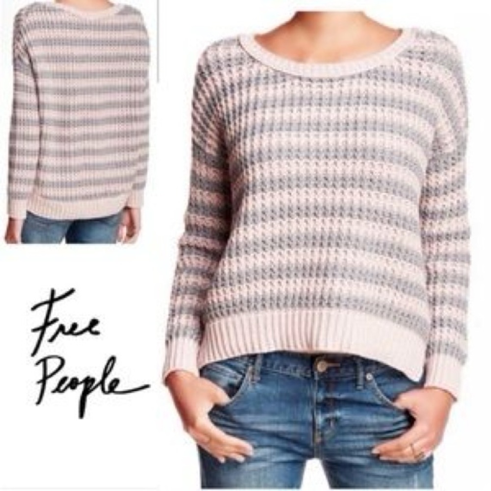 Free People At the Beach Gray Pink Striped Chunky Sweater Small 100% Cotton